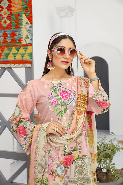 3 Piece Embroidery Unstitched Lawn Shirt Chiffon Digital Dupatta  Dyed Trouser- Front Near view