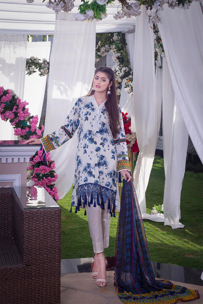 Digital lawn print shirt with lace on the neckline- Front