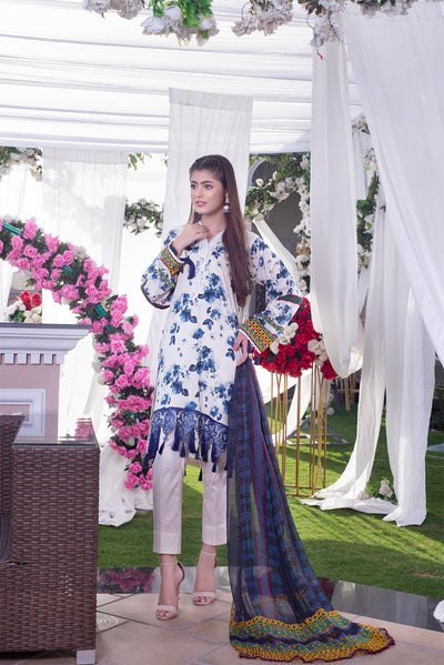 Digital lawn print shirt with lace on the neckline- Front with dupatta view