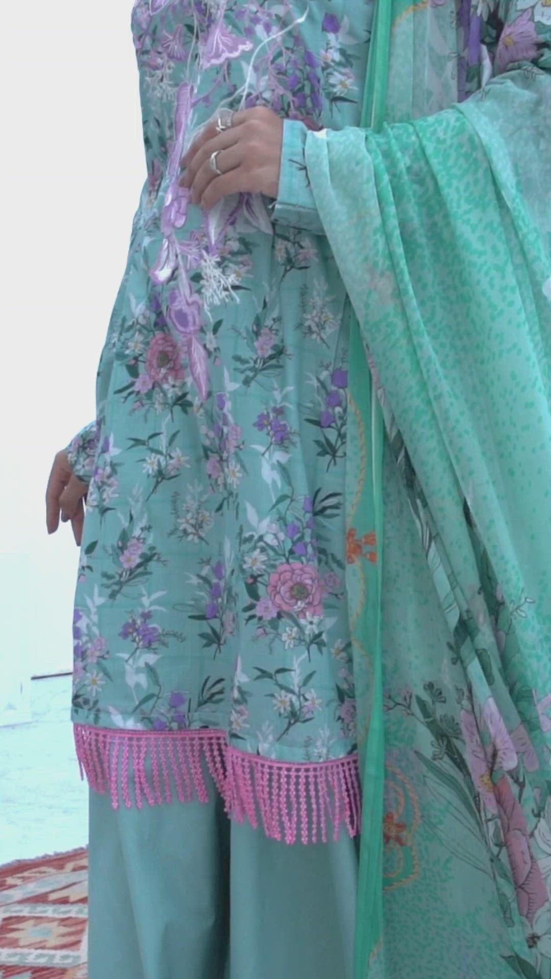 3 Piece Unstitched Embroidery Lawn Shirt Chiffon Digital Dupatta  Dyed Trouser Video View
