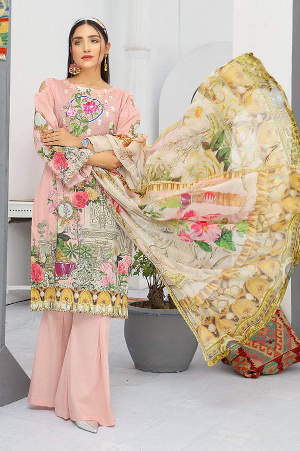 3 Piece Embroidery Unstitched Lawn Shirt Chiffon Digital Dupatta  Dyed Trouser- Front